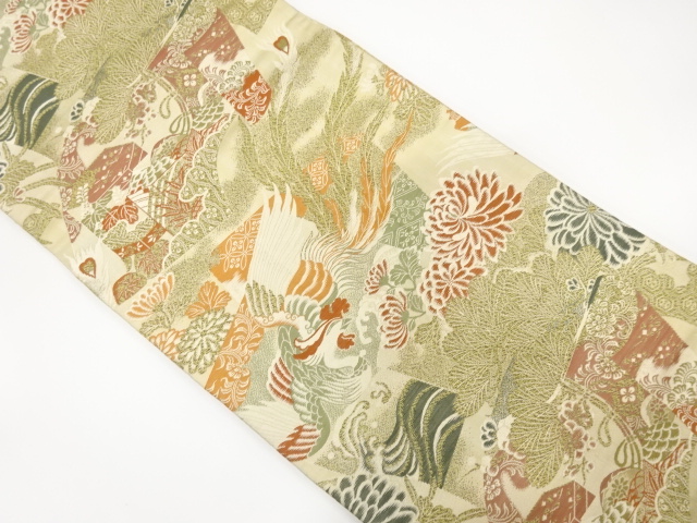 JAPANESE KIMONO / ANTIQUE MARU OBI / SILK / WOVEN PHOENIX & KIKU